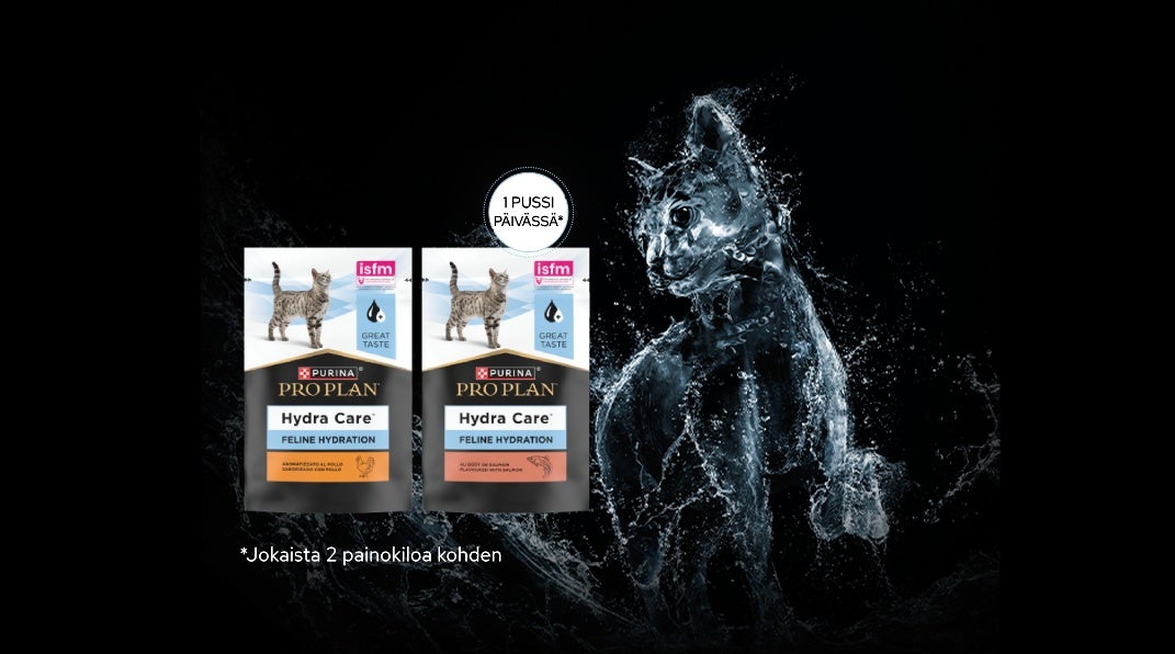 Pro Plan Hydra Care -märkäruoan pakkaus, jossa on taustakuva, joka esittää vettä muotoiltua kissaa, edistäen päivittäisen veden saannin lisäämistä.