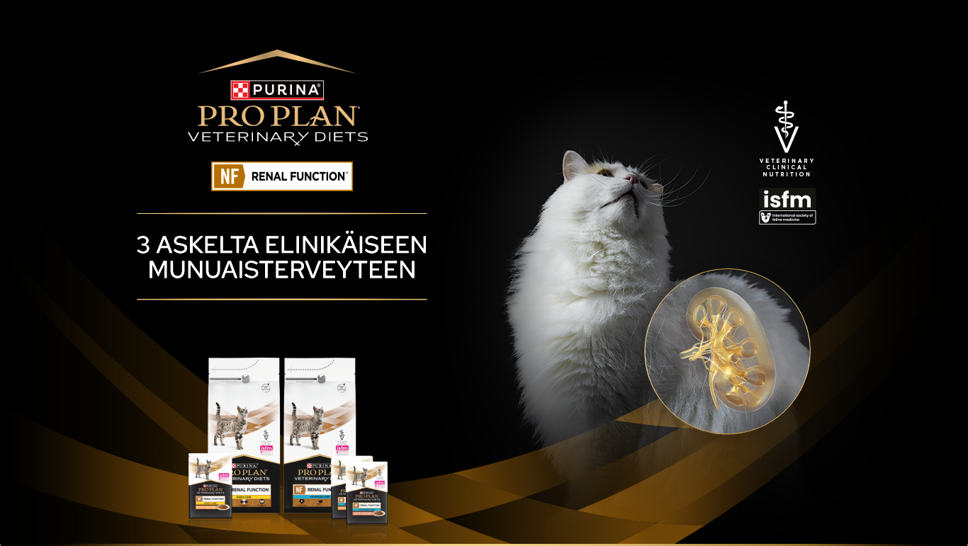 Mainosbanneri, jossa on valkoinen kissa esittelemässä saatavilla olevia Pro Plan Veterinary Diets -ruokia NF Renal Functionille.