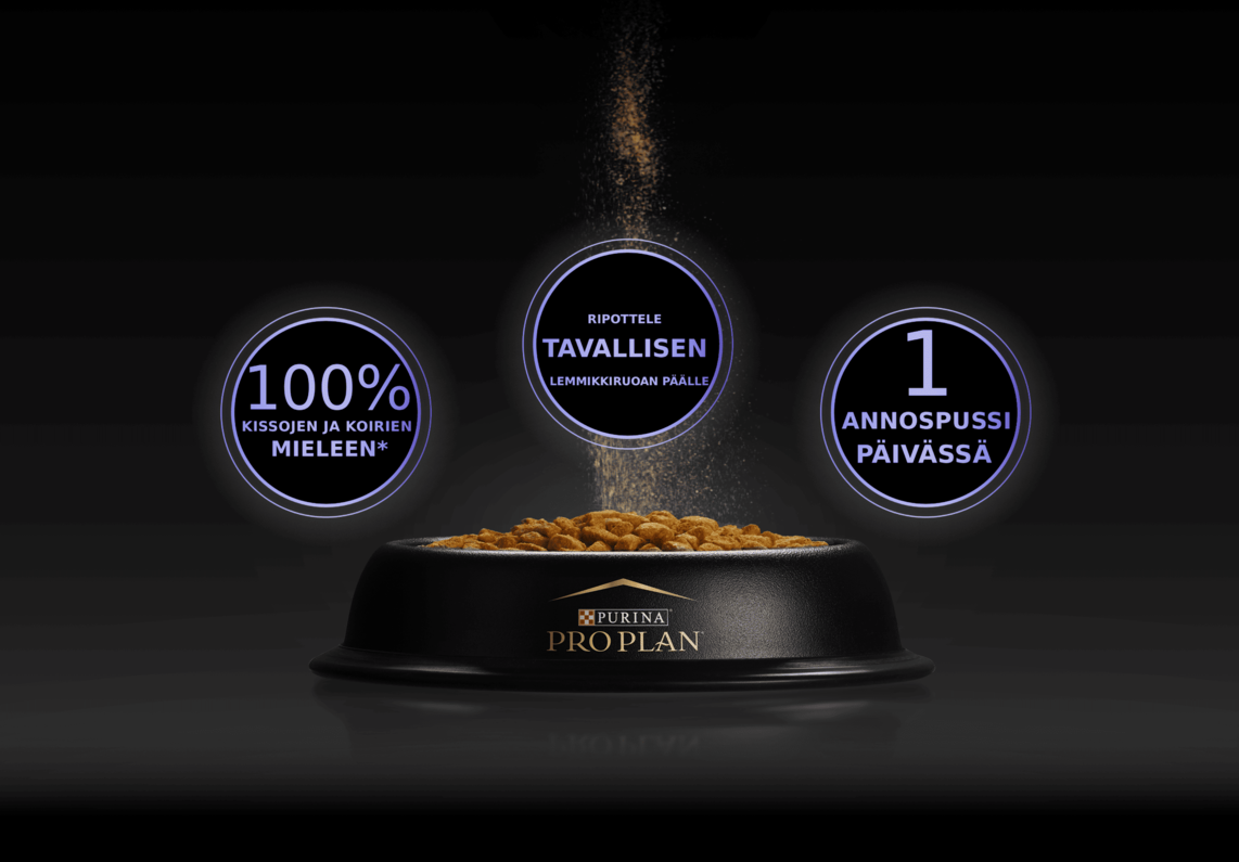 100 % kissojen ja koirien mieleen/Ripottele tavallisen lemmikkiruoan päälle /1 annospussi päivässä