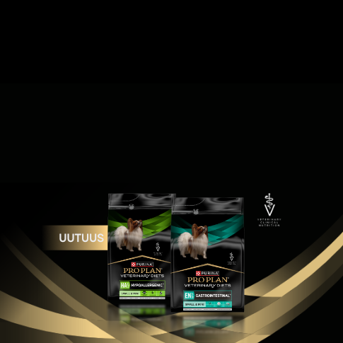 Purina Pro Plan Veterinary Diets Small & Mini tuotteet mustalla taustalla ja Uutuus merkinta